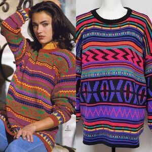 Vintage 1980s Jordache Neon Retro Bodacious Crewneck Boxy Colorblock Sweater 22W
